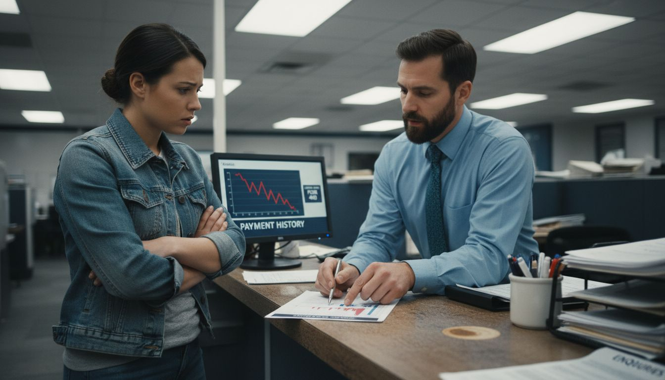 Bank staff discussing credit score decline