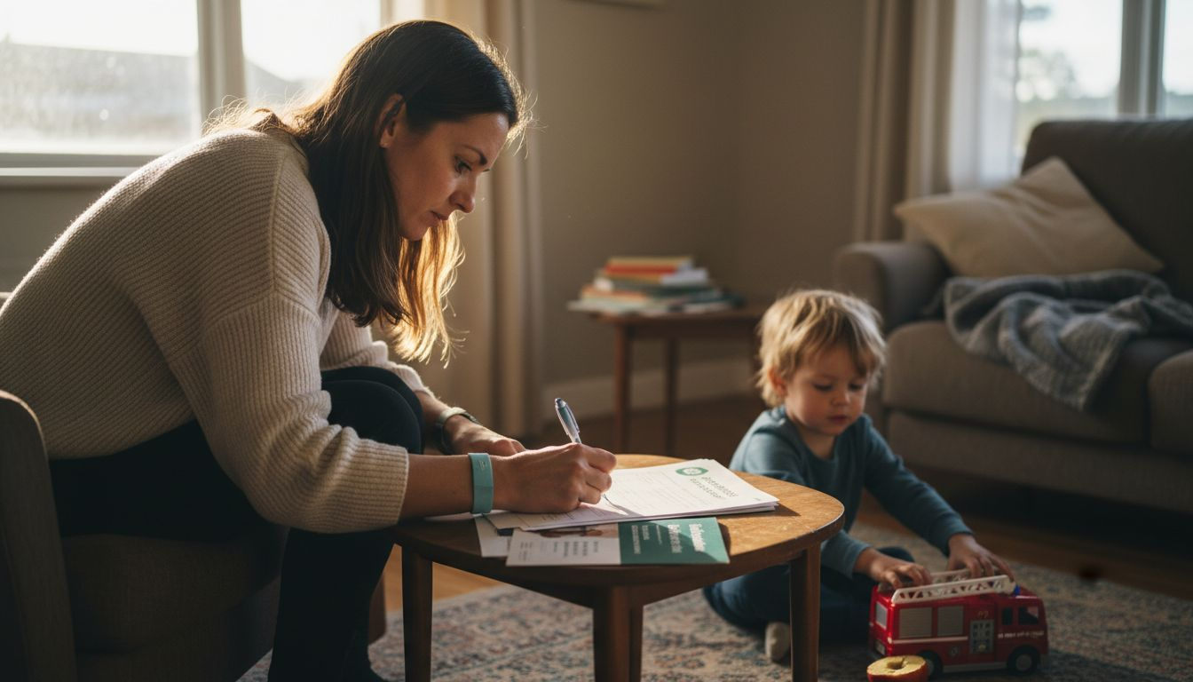 Mother filling home grant forms with child
