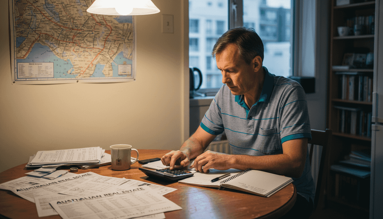 Man calculating deposit on cluttered kitchen table