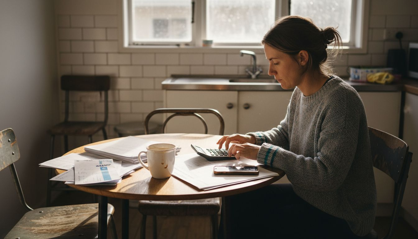 Person calculating home loan costs kitchen