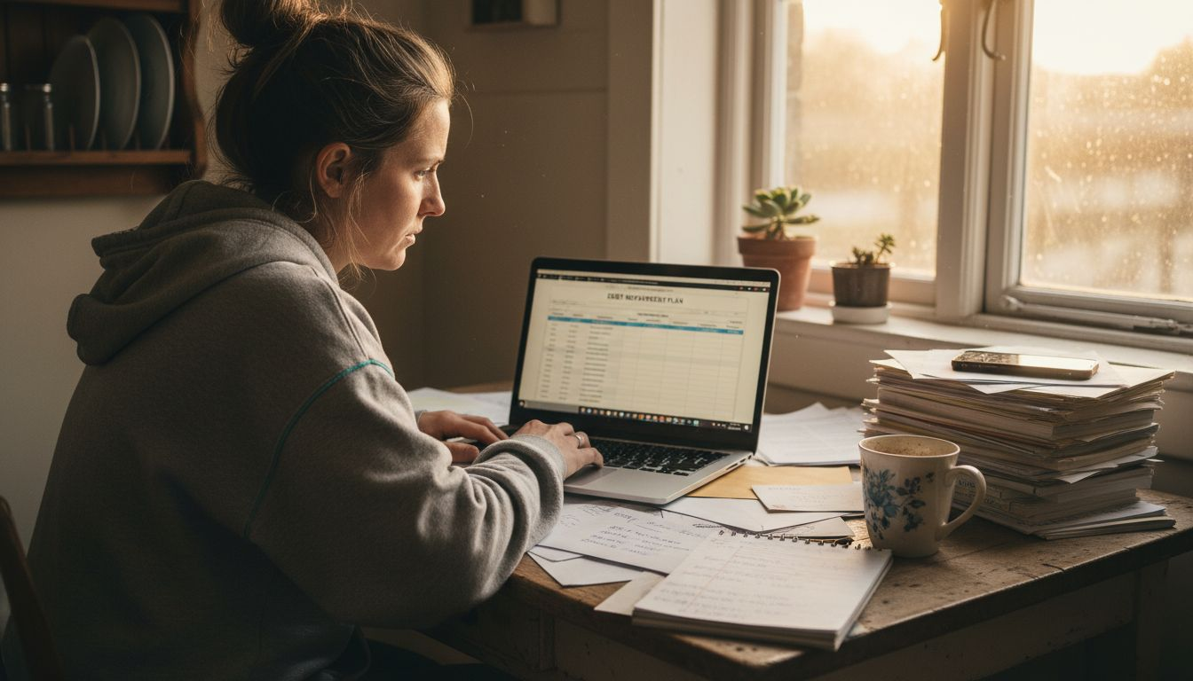 Woman updating debt spreadsheet kitchen table