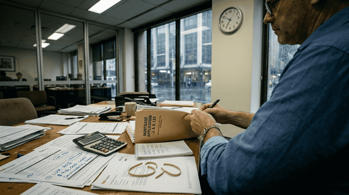 Loan officer reviewing mortgage paperwork stack