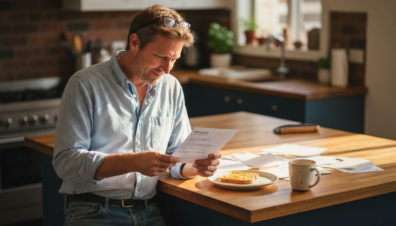 Homeowner reading bank letter in kitchen