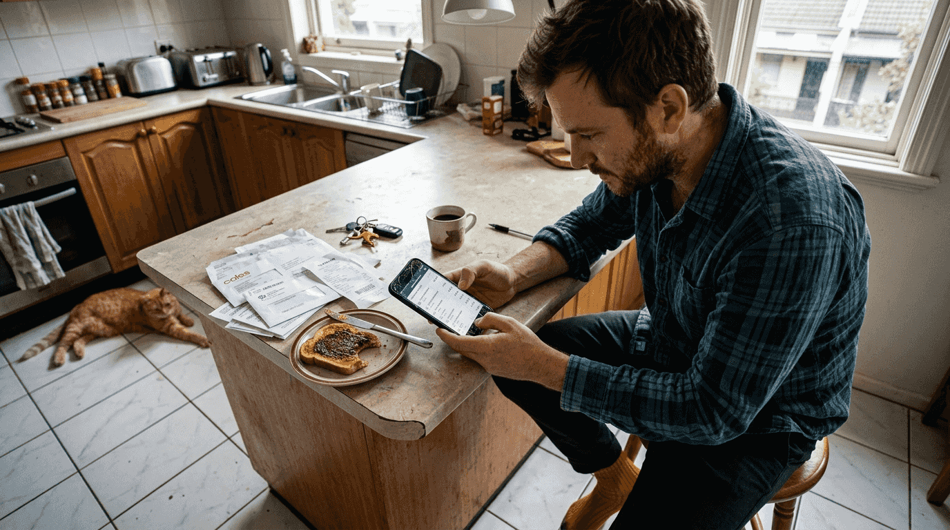 Man checking mortgage transaction history in kitchen