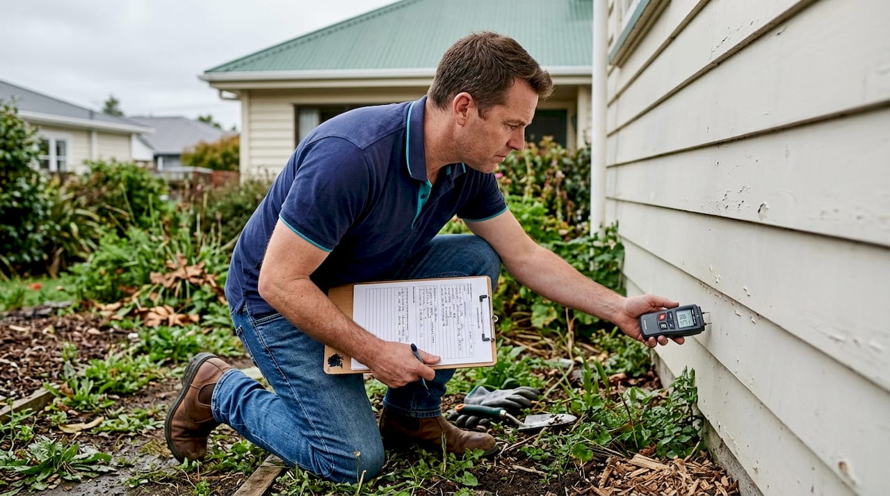 Property inspector checking home exterior Wellington
