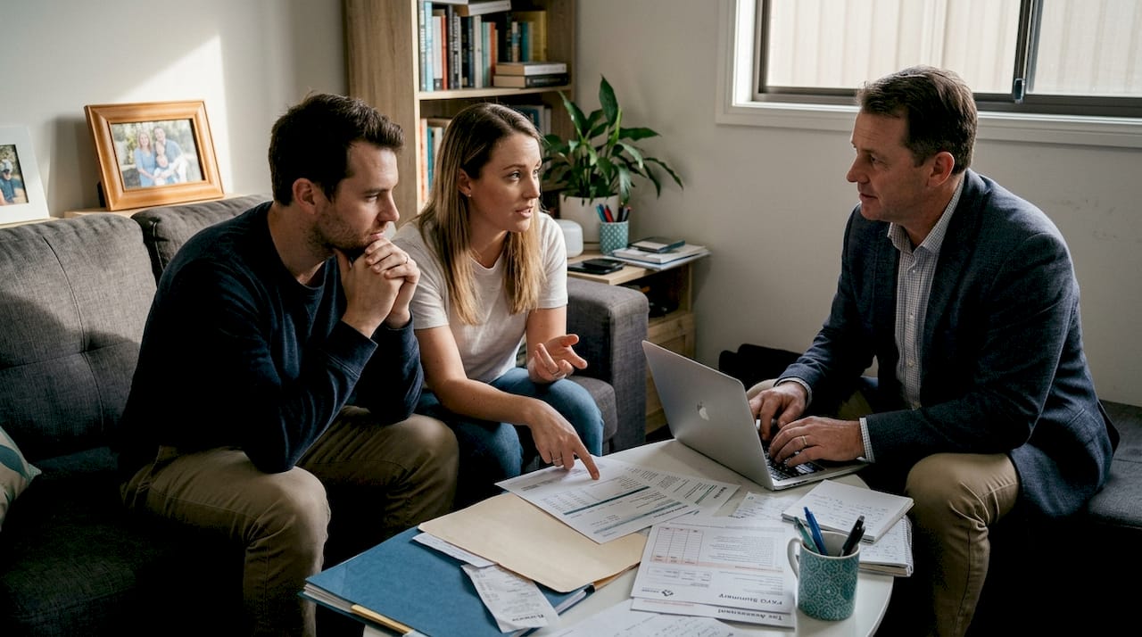 Mortgage adviser reviews income with clients