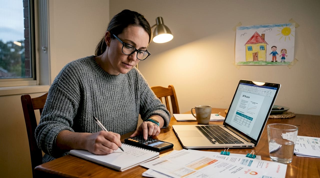 Woman calculating LMI costs at home table