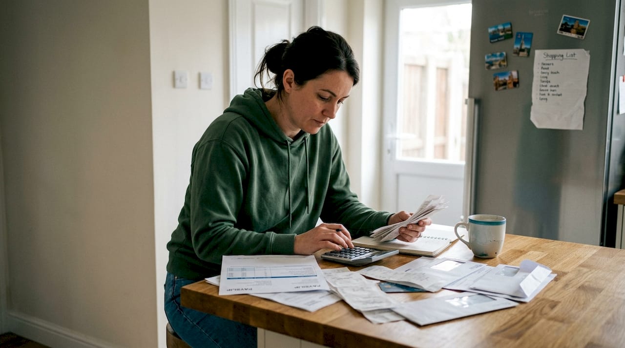 Woman calculates debts at kitchen counter