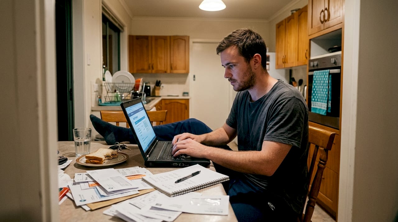 Young man reviews credit report at kitchen table