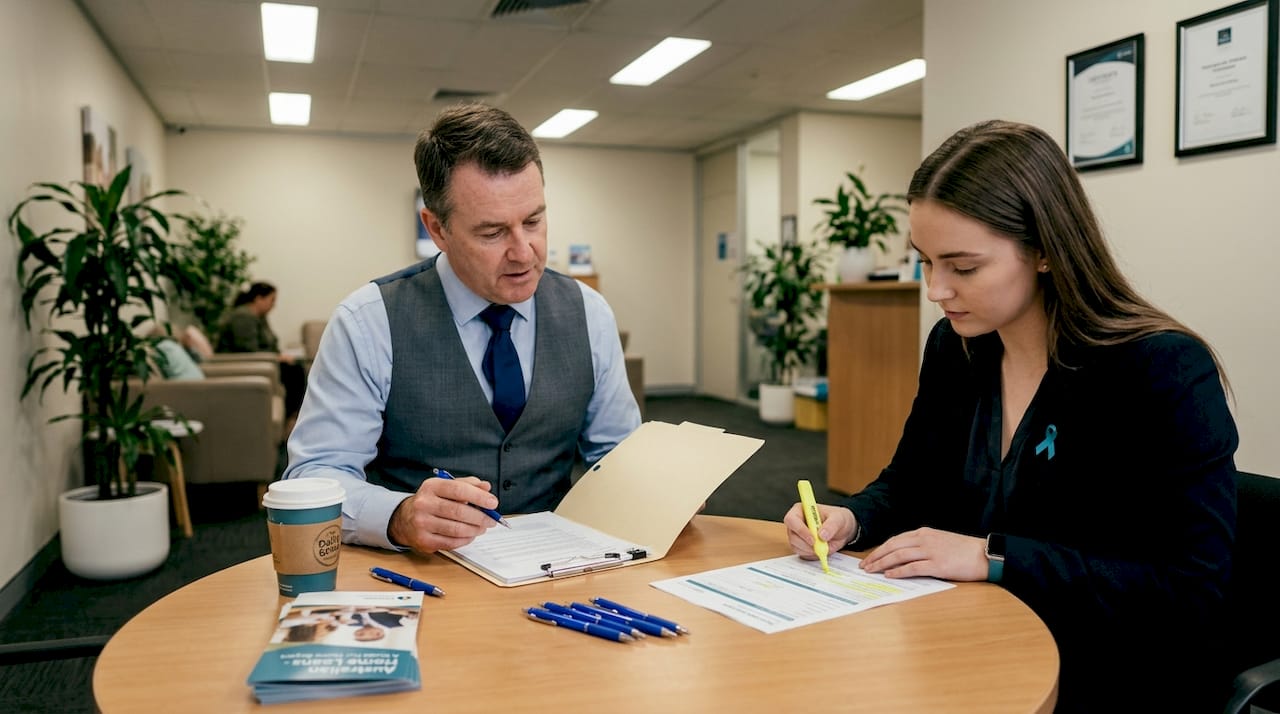 Homebuyer and adviser reviewing mortgage documents