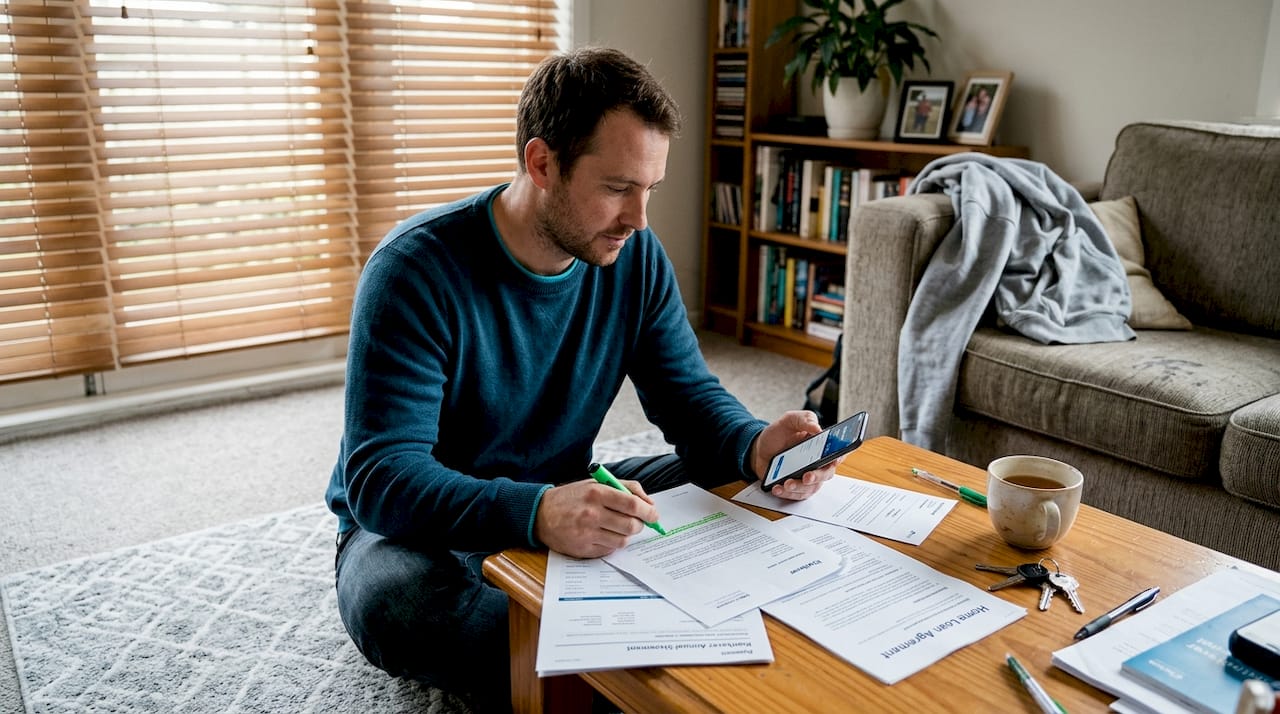 Man reviewing KiwiSaver paperwork in living room