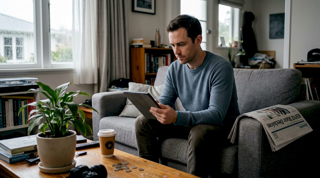 Man reading mortgage rate news at home