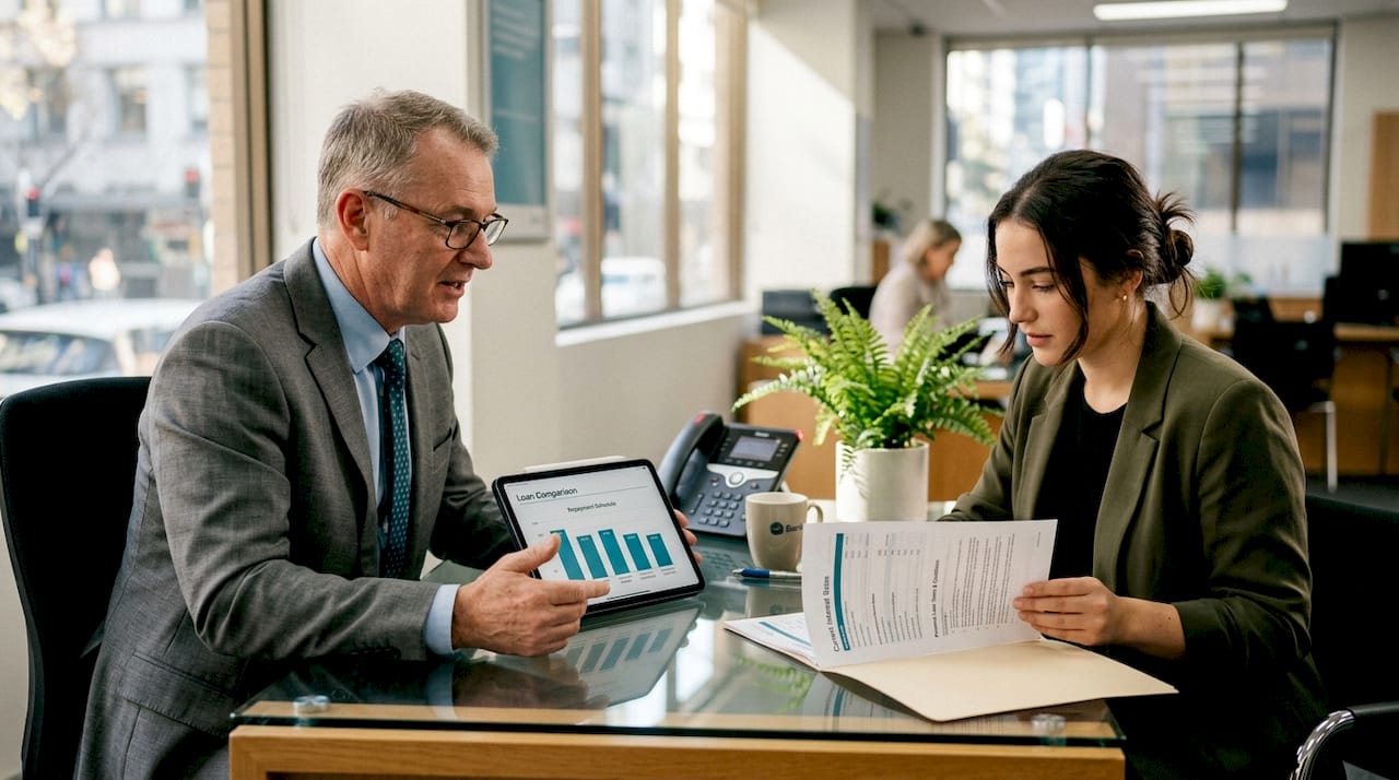 Bank manager and client discussing loan offers