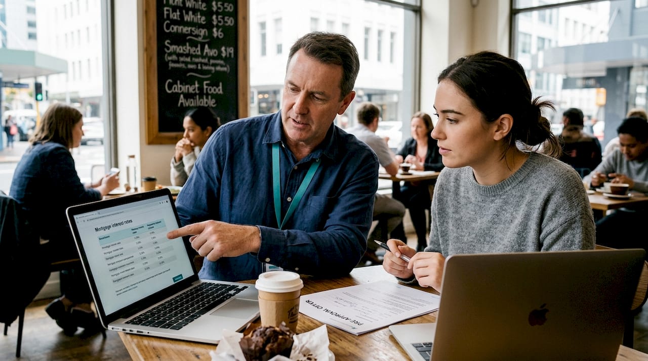 Mortgage adviser consulting with first-time buyer