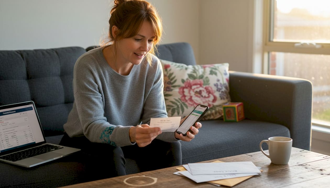 Woman tracking bill payments in living room