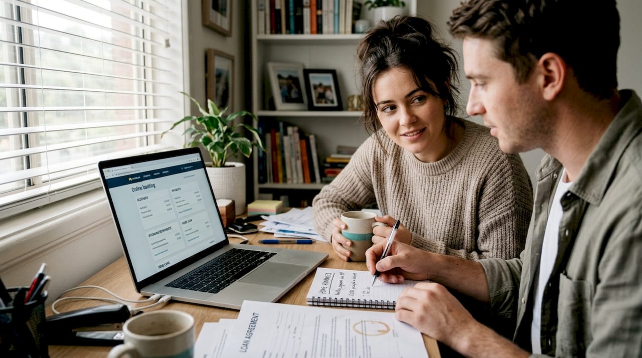 Couple reviewing table loan payment plan