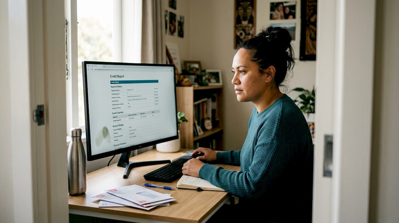 Woman checking credit report at home desk