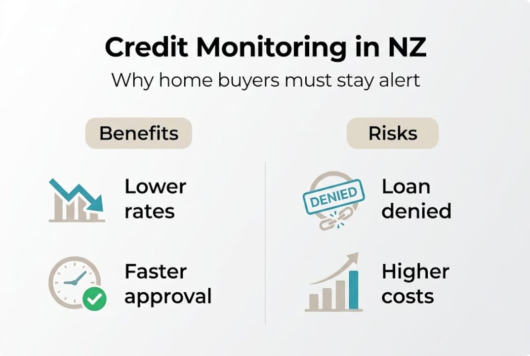 Infographic showing NZ credit monitoring benefits and risks