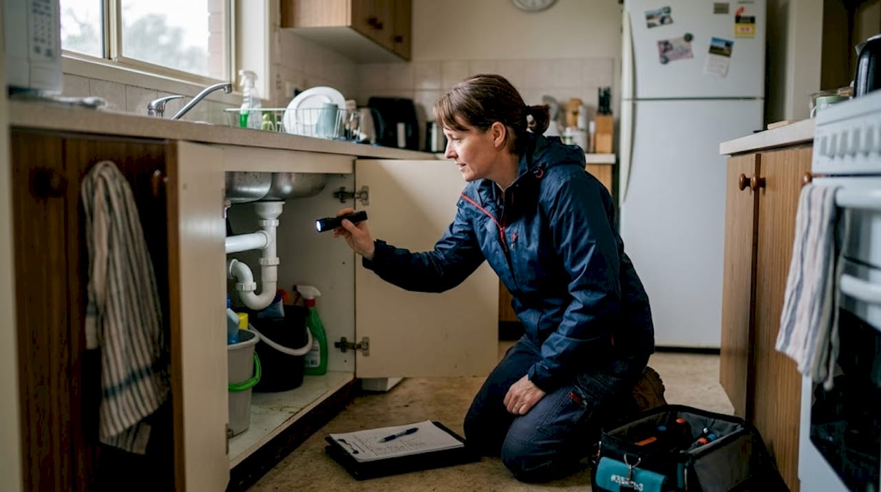 Inspector checking kitchen during New Zealand home inspection