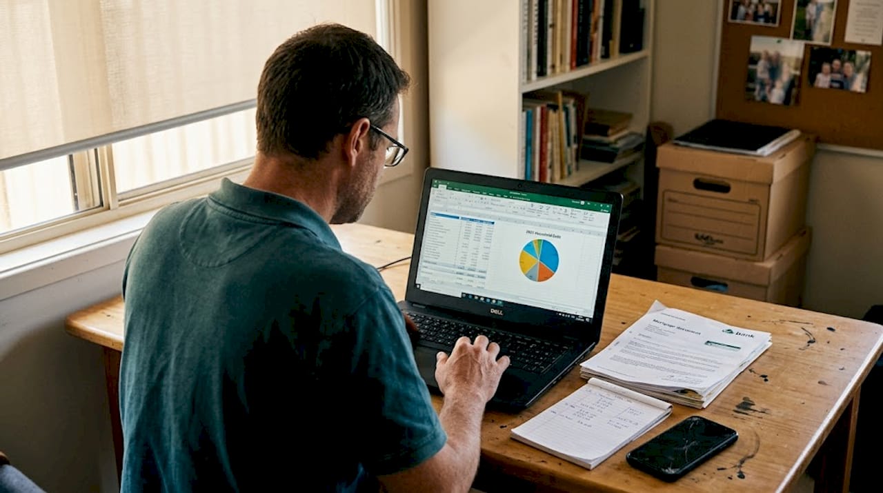 Homeowner tracking debt consolidation in home office