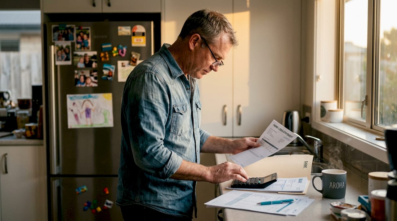 Man weighing home equity risks at kitchen counter
