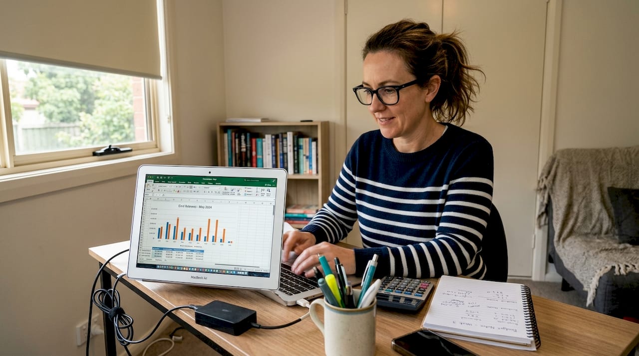 Woman tracking credit balances at home desk