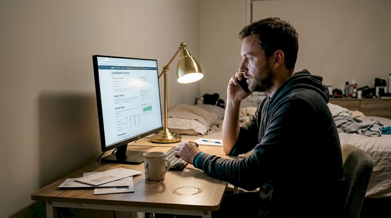 Man reviews credit report at bedroom desk
