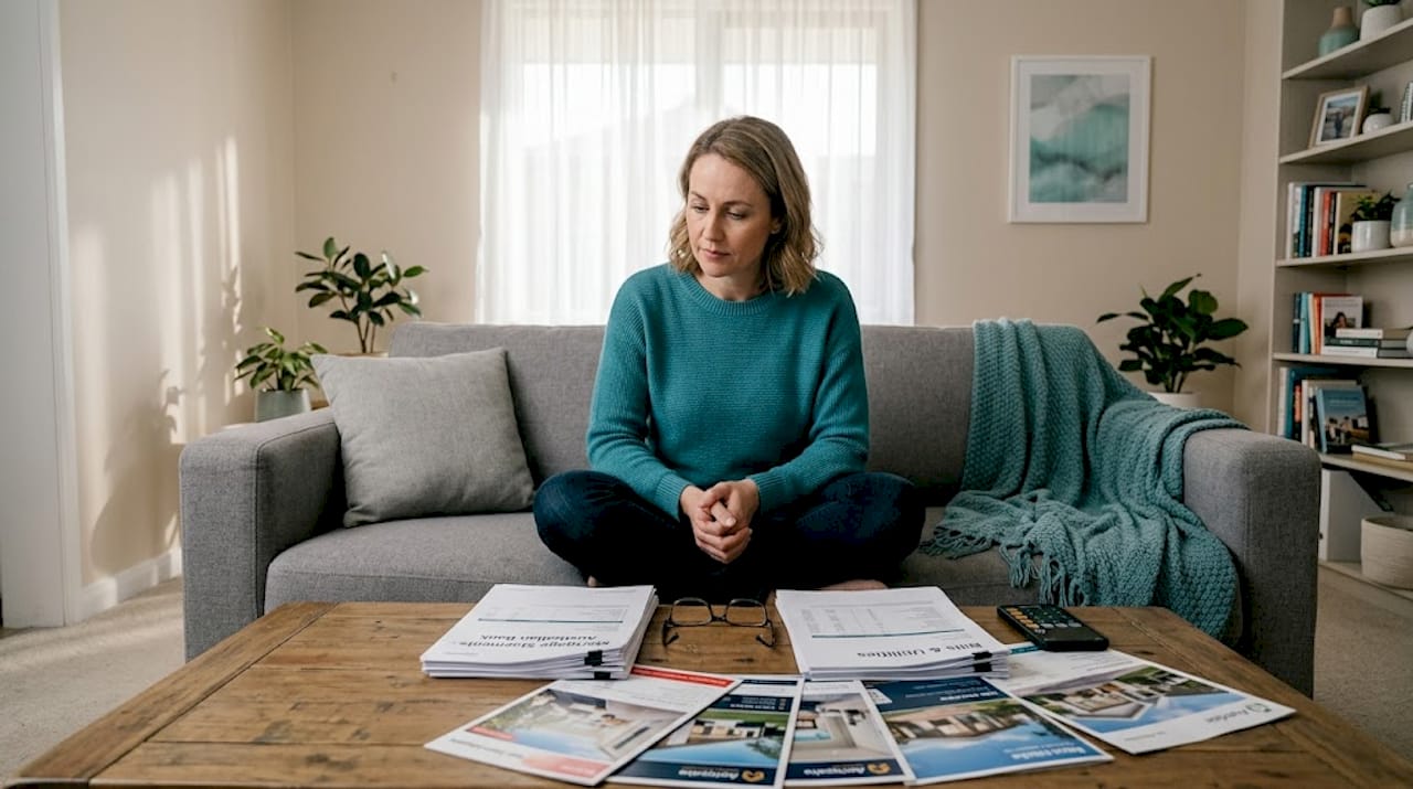 Homeowner sorting loan bills on living room sofa