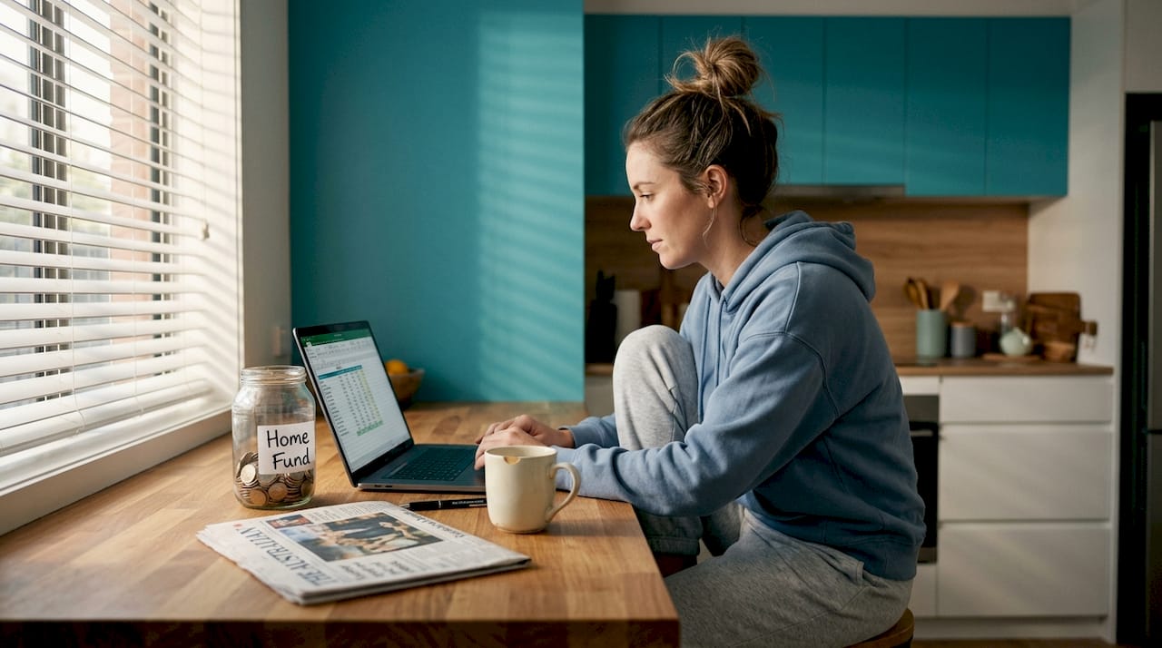 Woman tracking savings in kitchen workspace