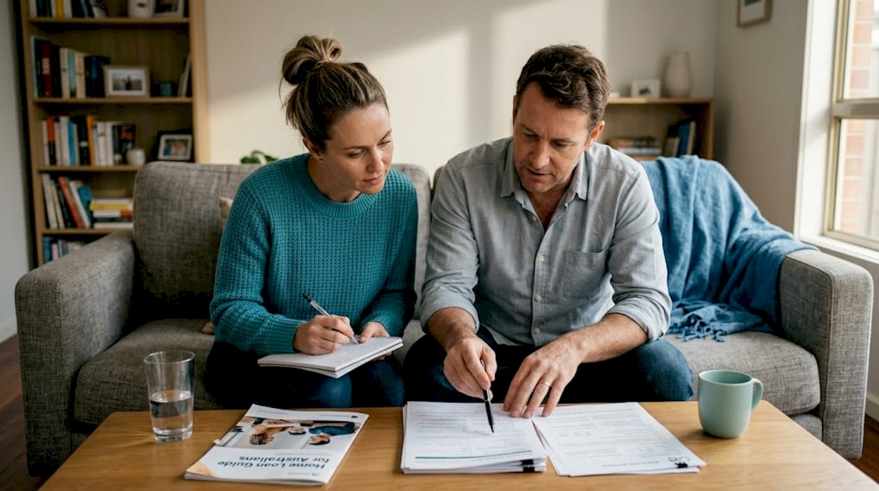 Concerned couple reading loan documents together