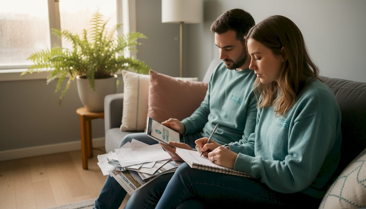 Couple reviewing mortgage paperwork at home