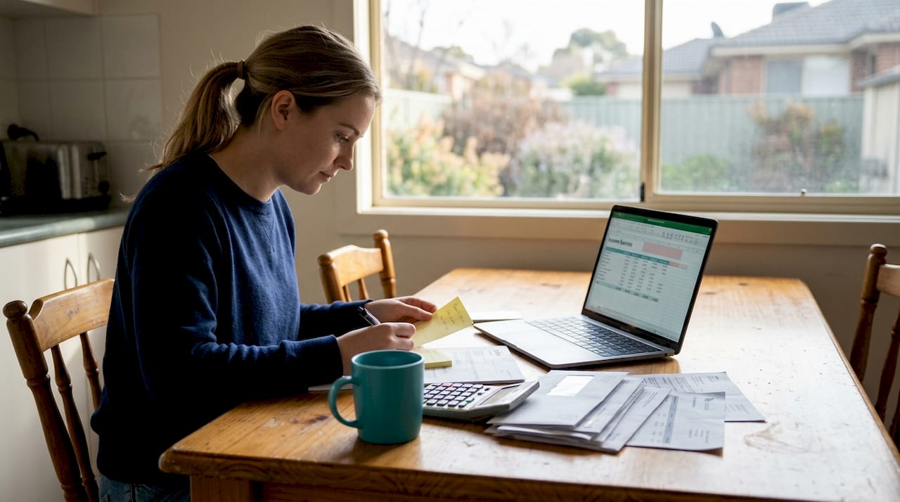 Woman organizing income paperwork at kitchen table