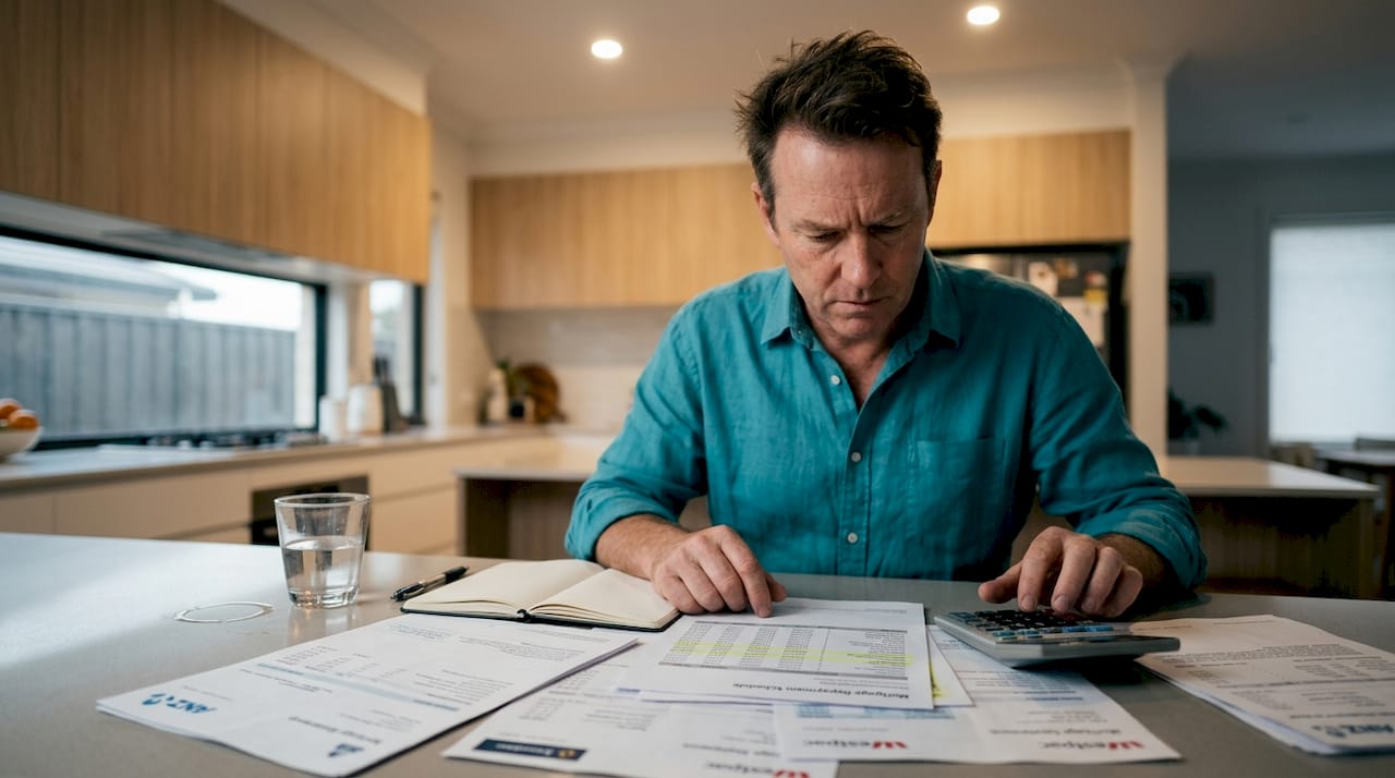 Man calculating mortgage repayments at kitchen counter
