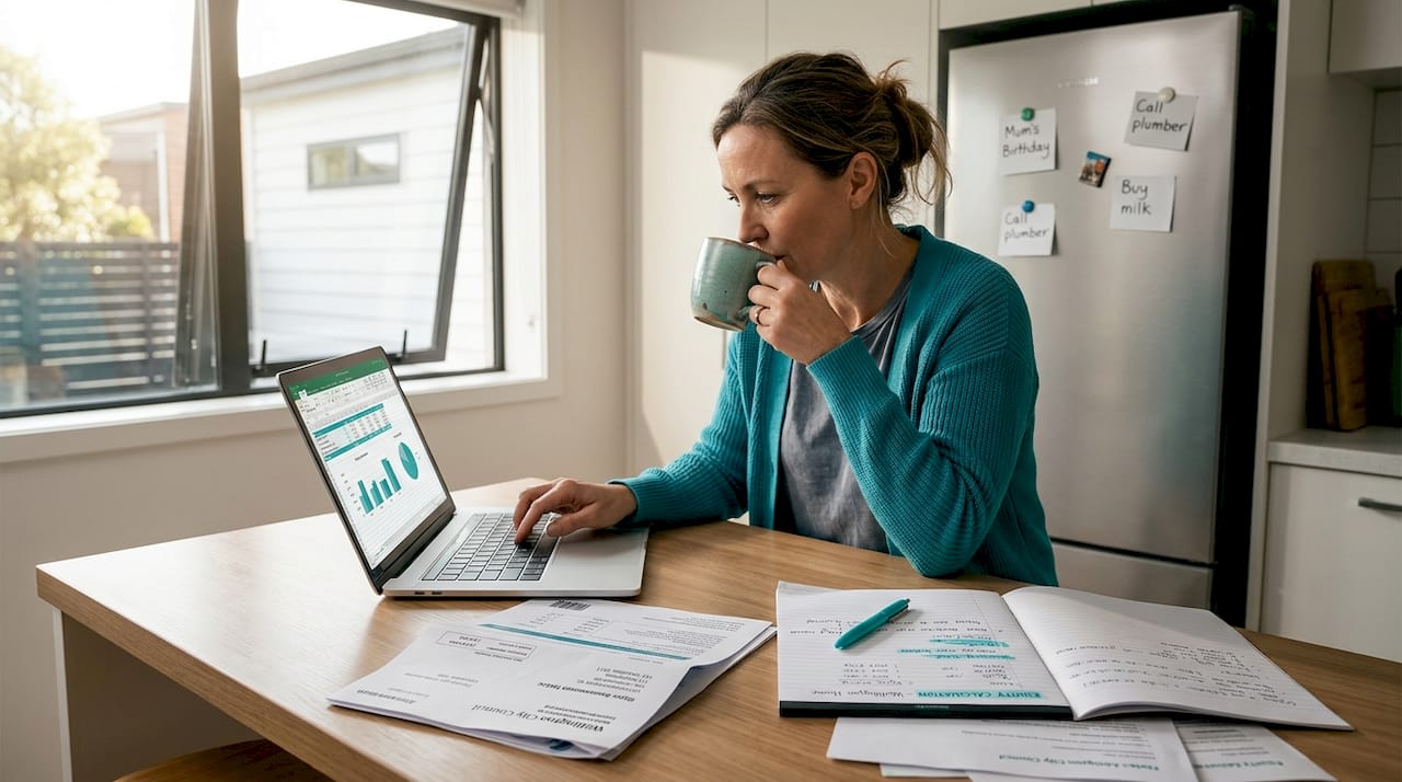 Homeowner calculating property equity at kitchen counter