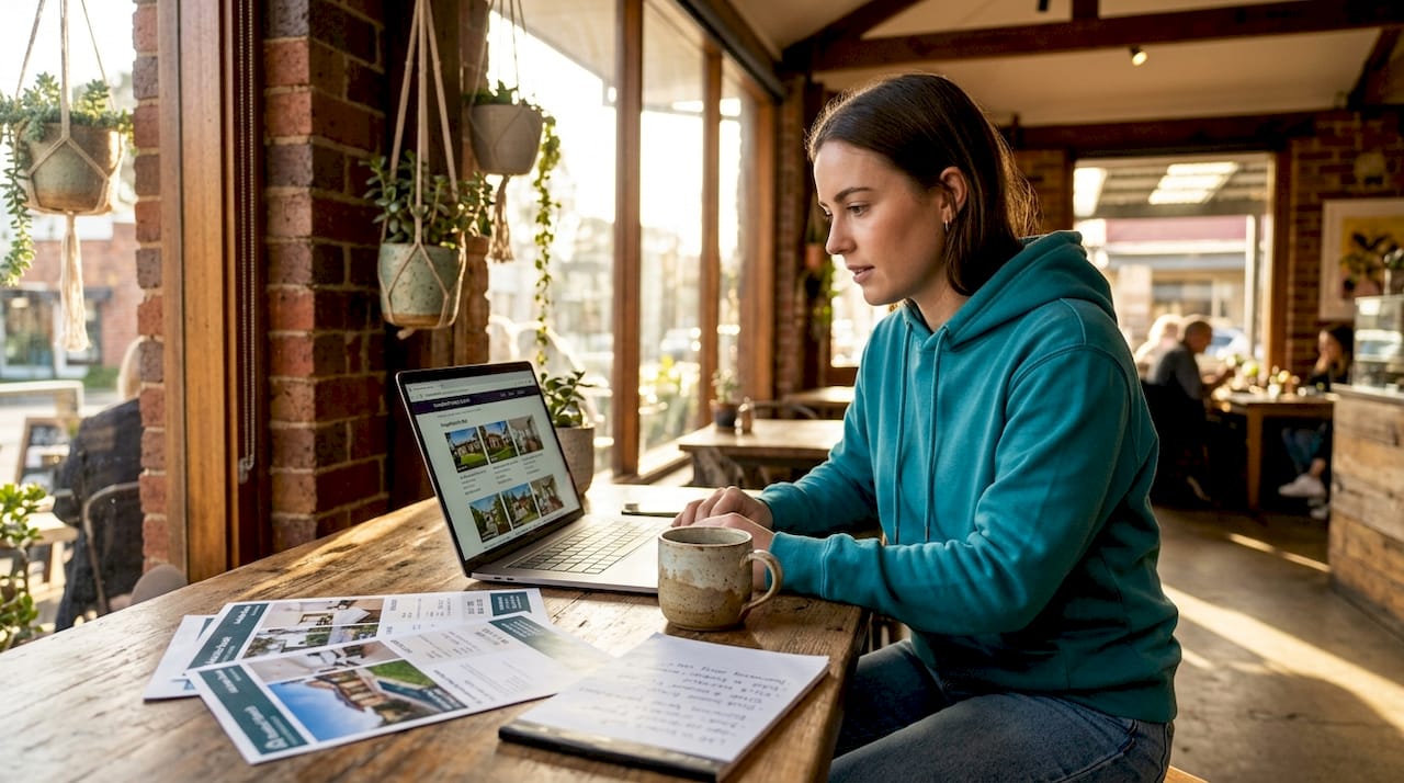 Woman searching property listings at dining table