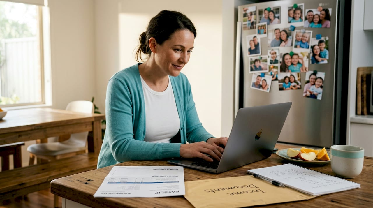 Woman reviewing payslips and income paperwork in kitchen