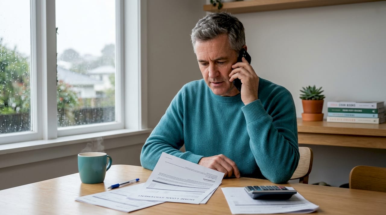 Homeowner phoning bank about loan paperwork