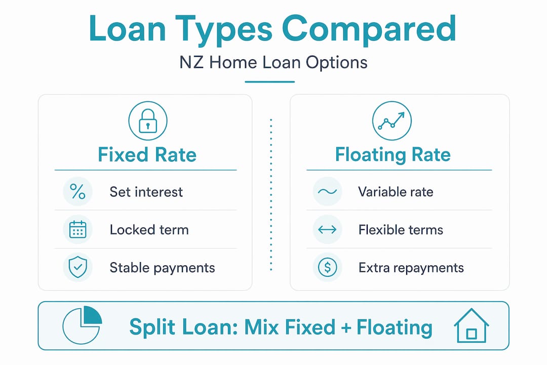 Infographic comparing loan types: fixed, floating, split