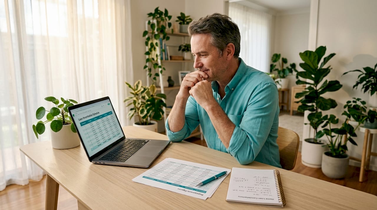 Man checking mortgage repayment chart in home office