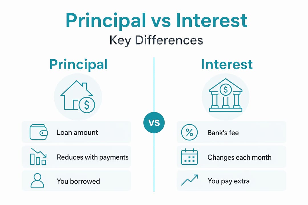 Split infographic comparing principal and interest features