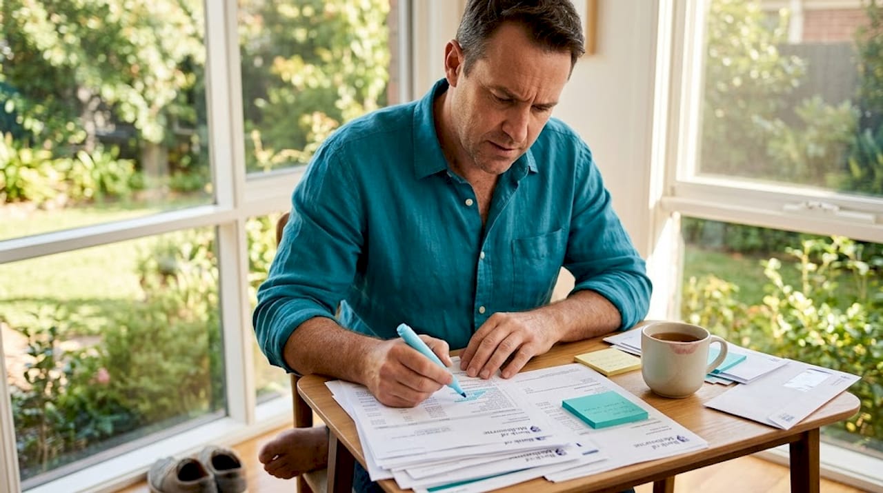 Man checks bank statements in home workspace