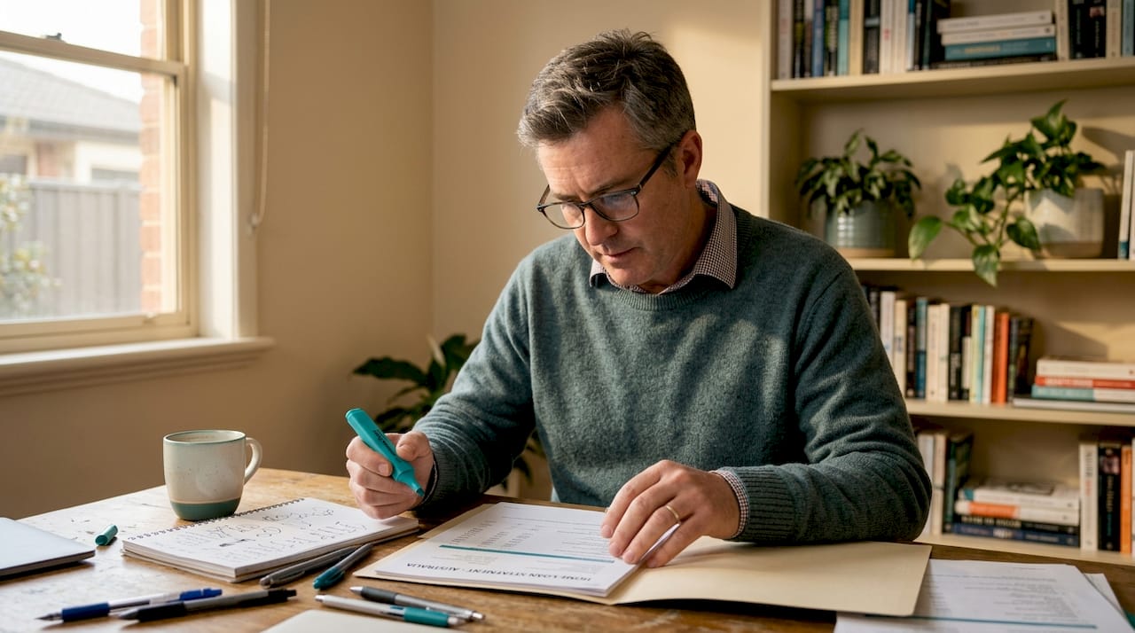 Man reading mortgage statement in home office