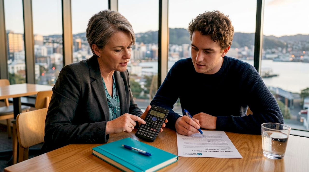 Mortgage advisor and client using calculator