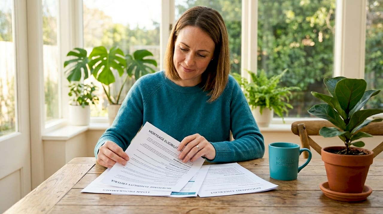Hands holding mortgage eligibility documents on desk