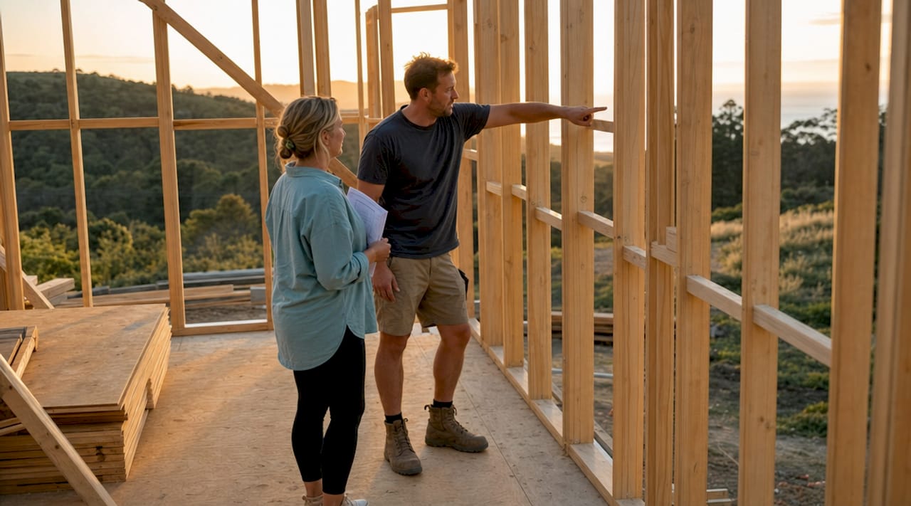 Couple discussing timber framing on construction site