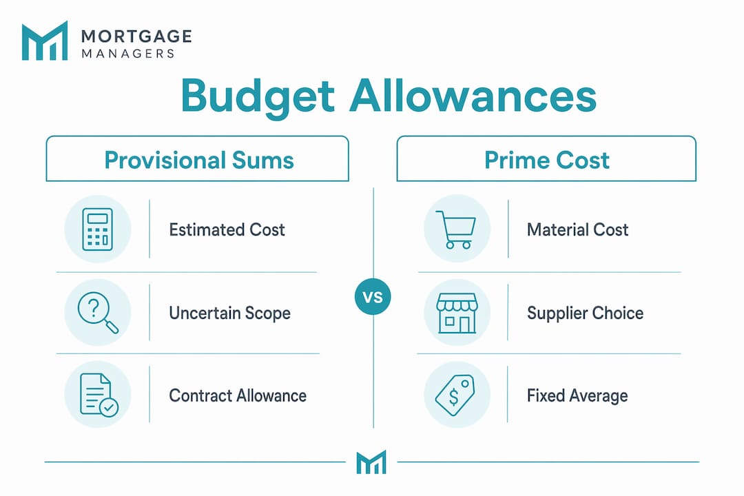 Infographic contrasting provisional sums and prime cost items