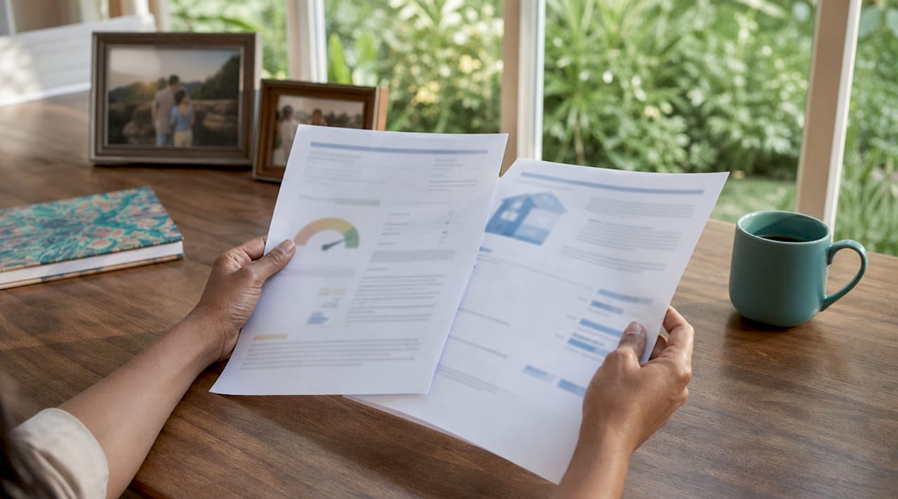 Hands holding credit report and mortgage documents