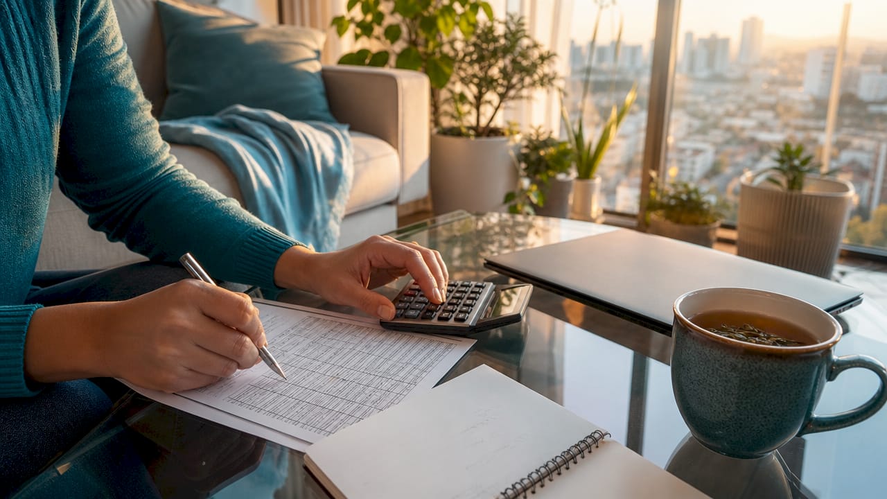 Hands calculating LVR with calculator and papers