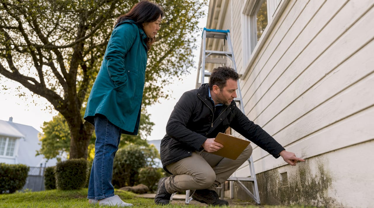 Home buyer and inspector examining NZ house exterior