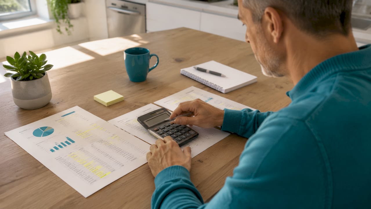 Hands using calculator at home office desk